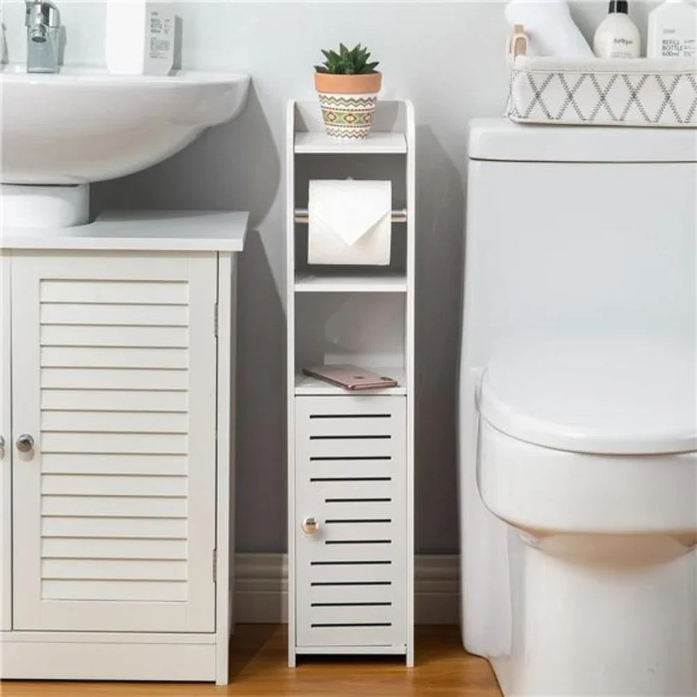 Toilet Paper Holder Stand, Storage Cabinet with Toilet Roll Holder, White